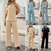 Women's Spring/Summer Casual Solid Color Knitted Short Sleeve Pants Set