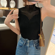 High necked hollowed out knitted camisole for women's spring/summer design slimming bottom shirt