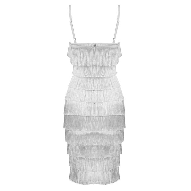 White sleeveless off-the-shoulder bag hip dress Women's stretch bandage dress fringe summer