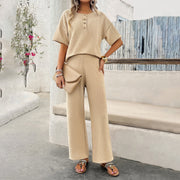 Women's Spring/Summer Casual Solid Color Knitted Short Sleeve Pants Set