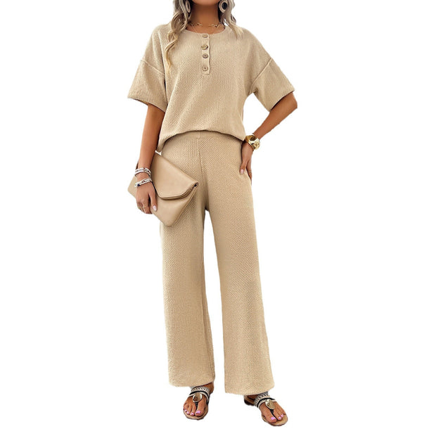 Women's Spring/Summer Casual Solid Color Knitted Short Sleeve Pants Set