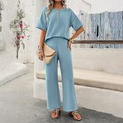 Women's Spring/Summer Casual Solid Color Knitted Short Sleeve Pants Set