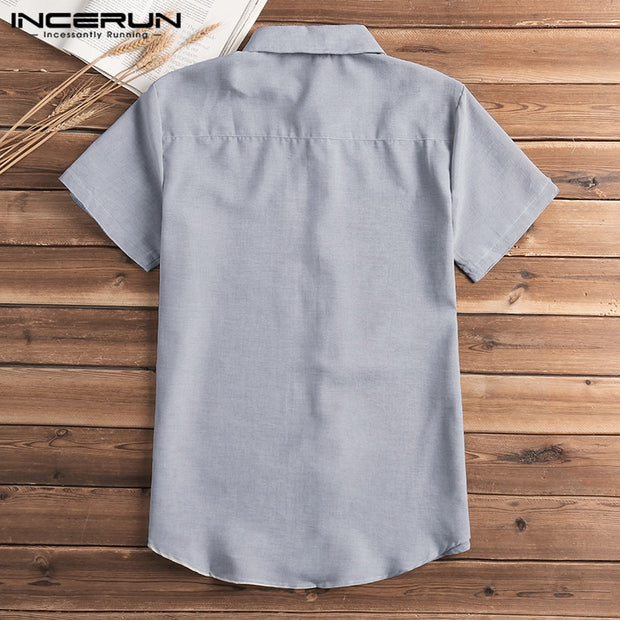 Short Sleeve Shirt Men Lapel Neck Button Pockets Solid Male Blouse Tops Men Brand Clothes