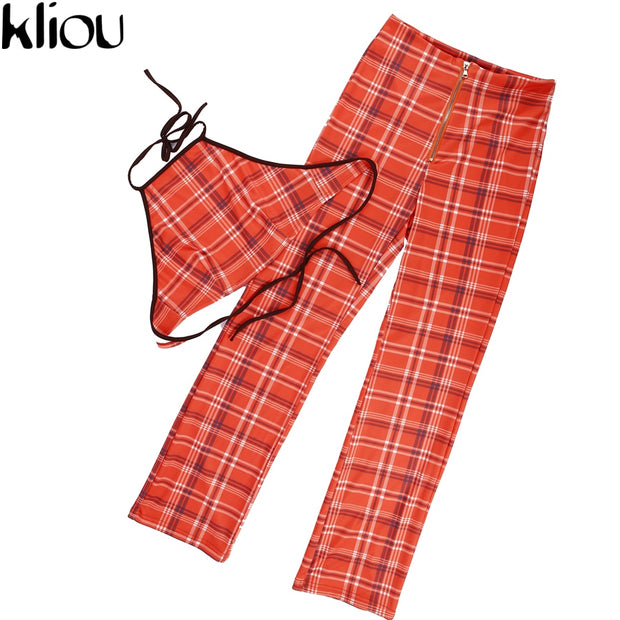 Two Piece Set Tracksuit Plaid Sexy Sleeveless Sweatsuits For Women Sets Cropped Survetement femme military