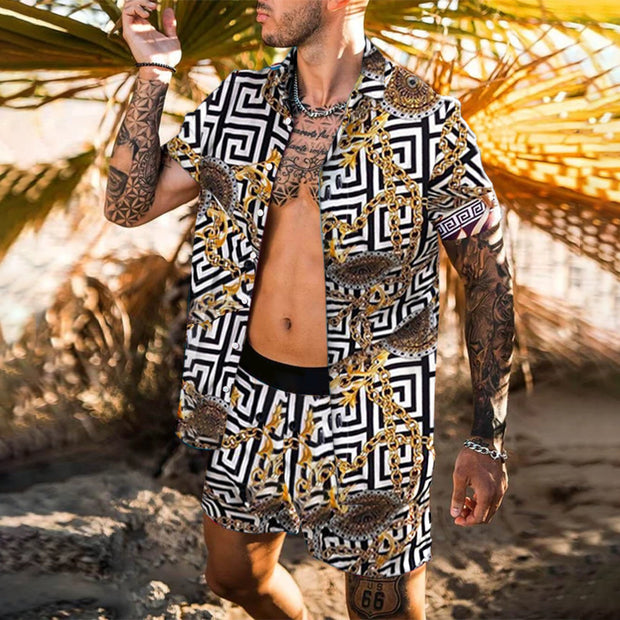 Summer Men Hawaiian Sets Printed Breathable Lapel Short Sleeve Shirtelastic Waist Beach Shorts Streetwear Casual Men Sets 2 Piec