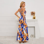 Sexy Bohemian Print Dress Hit Cable Hanging Neck Top + Package Hip Fishtail Skirt Two-Piece Women's Clothing