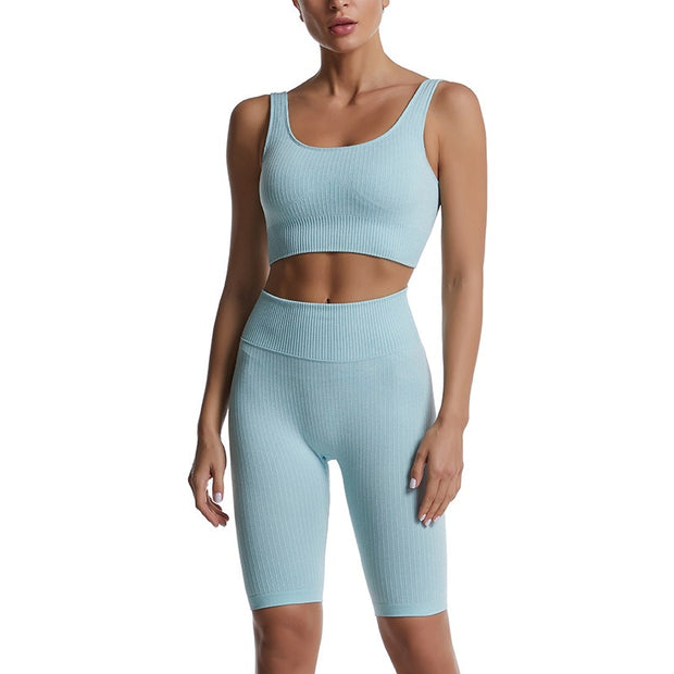 Threaded Yoga Suit Sportswear Summer Short-Sleeved Shorts Bra Tight-Fitting Clothes