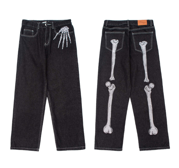 Dark Black Skeleton Embroidered Jeans Men Fashion Brand Loose and niche Design Wide Leg Straight Leg Pants ins