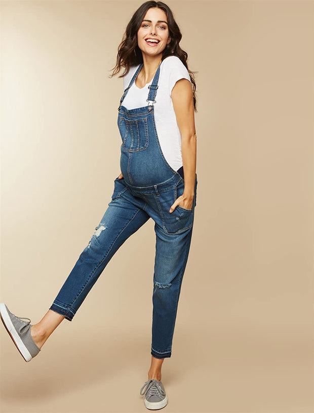 Womens Indigo Blue Side Panel Skinny Ankle Length Denim Overalls