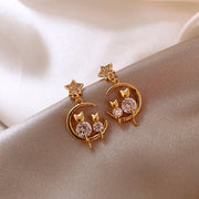 925 Silver Needle Korean Personalized Zircon Cat Earrings Mesh Red Korean Edition Diamond Star Moon Earrings Elegant Versatile Women