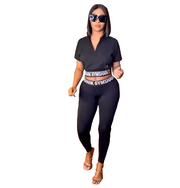 European and American women fashion casual printing black two piece set