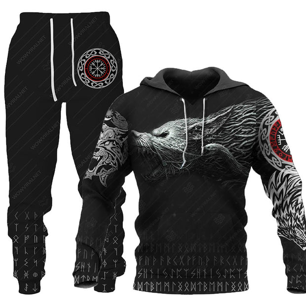 3D Wolf Print Tracksuit Men Sportswear Hooded Sweatsuit Two Piece Outdoors Running Fitness Men Jogging Set