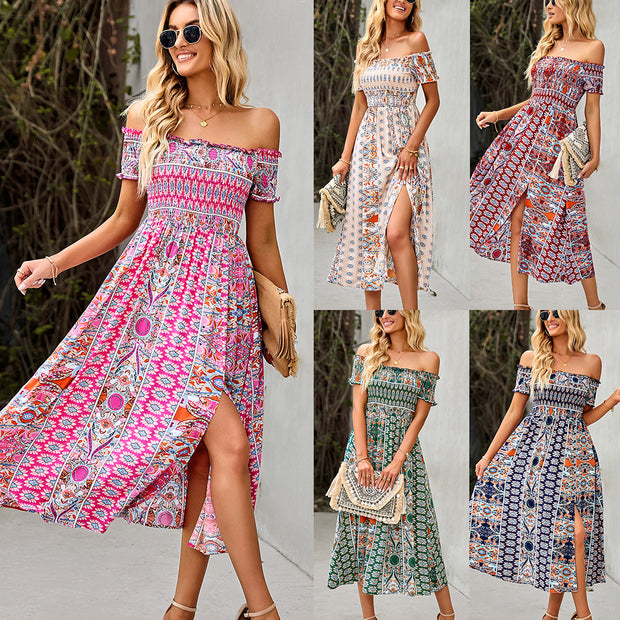 Women's Dress Boho Floral Print Off Shoulder Split Long A Line Beach Dress