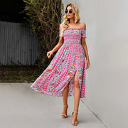 Women's Dress Boho Floral Print Off Shoulder Split Long A Line Beach Dress