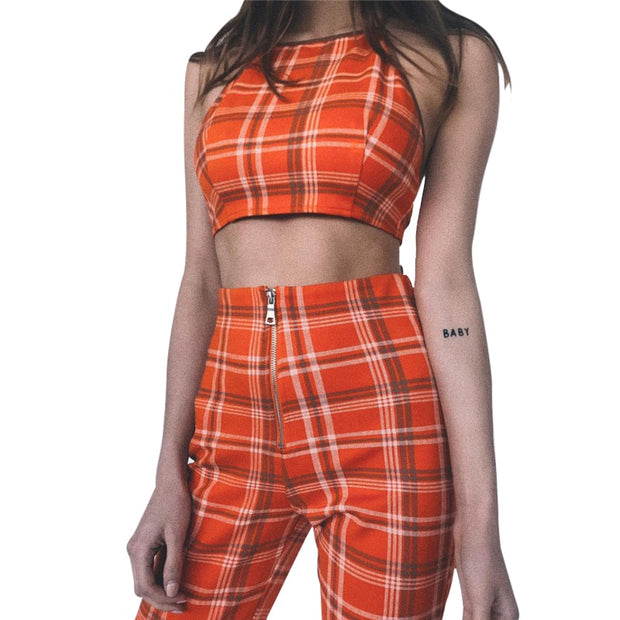 Two Piece Set Tracksuit Plaid Sexy Sleeveless Sweatsuits For Women Sets Cropped Survetement femme military