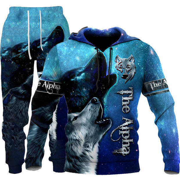 3D Wolf Print Tracksuit Men Sportswear Hooded Sweatsuit Two Piece Outdoors Running Fitness Men Jogging Set