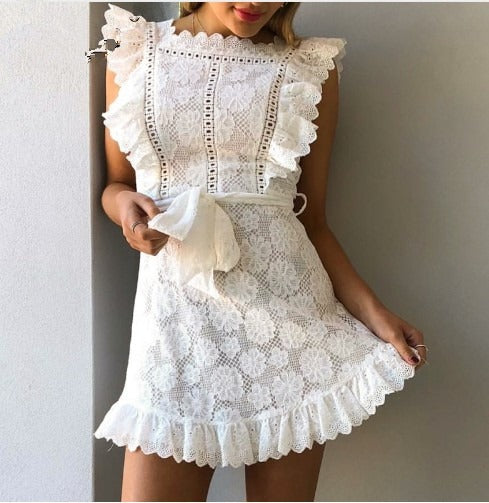 EMBROIDERED LACE WOOD EAR HEM DRESS