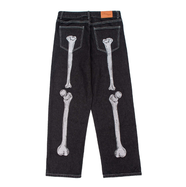 Dark Black Skeleton Embroidered Jeans Men Fashion Brand Loose and niche Design Wide Leg Straight Leg Pants ins