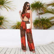 Summer New Suit Slim Fit Bust Hanging Neck Top Printed Wide Leg Pants Casual Fashion Pants Set