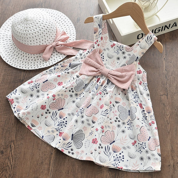 Baby Girls Printed Cotton Skirt Spring/Summer New Butterfly Print Strap Dress Gift Hat