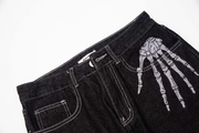 Dark Black Skeleton Embroidered Jeans Men Fashion Brand Loose and niche Design Wide Leg Straight Leg Pants ins