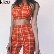 Two Piece Set Tracksuit Plaid Sexy Sleeveless Sweatsuits For Women Sets Cropped Survetement femme military