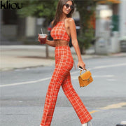 Two Piece Set Tracksuit Plaid Sexy Sleeveless Sweatsuits For Women Sets Cropped Survetement femme military