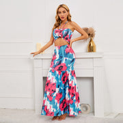 Sexy Bohemian Print Dress Hit Cable Hanging Neck Top + Package Hip Fishtail Skirt Two-Piece Women's Clothing