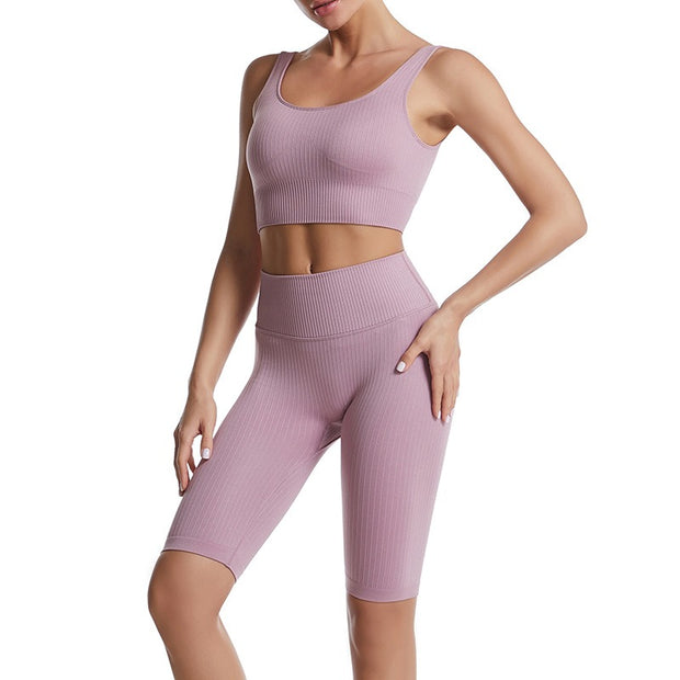 Threaded Yoga Suit Sportswear Summer Short-Sleeved Shorts Bra Tight-Fitting Clothes