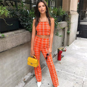 Two Piece Set Tracksuit Plaid Sexy Sleeveless Sweatsuits For Women Sets Cropped Survetement femme military