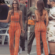 Two Piece Set Tracksuit Plaid Sexy Sleeveless Sweatsuits For Women Sets Cropped Survetement femme military