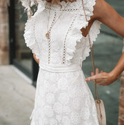 EMBROIDERED LACE WOOD EAR HEM DRESS