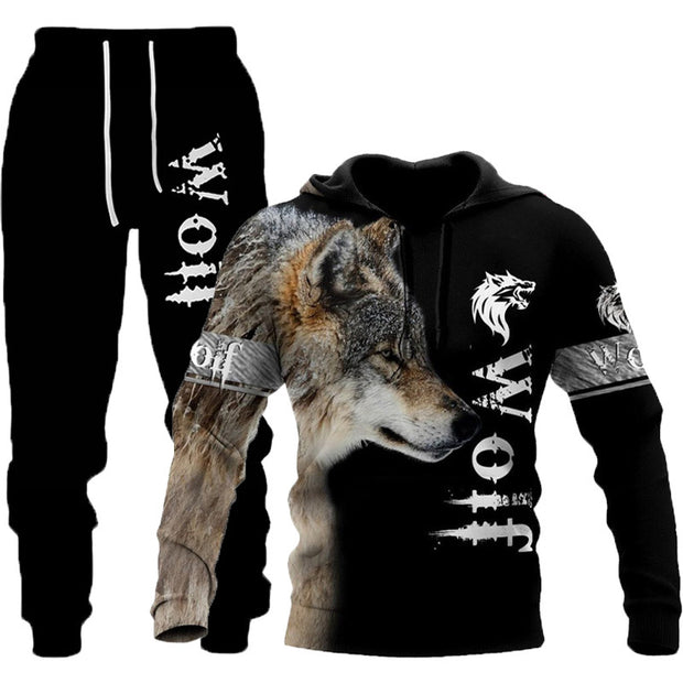 3D Wolf Print Tracksuit Men Sportswear Hooded Sweatsuit Two Piece Outdoors Running Fitness Men Jogging Set